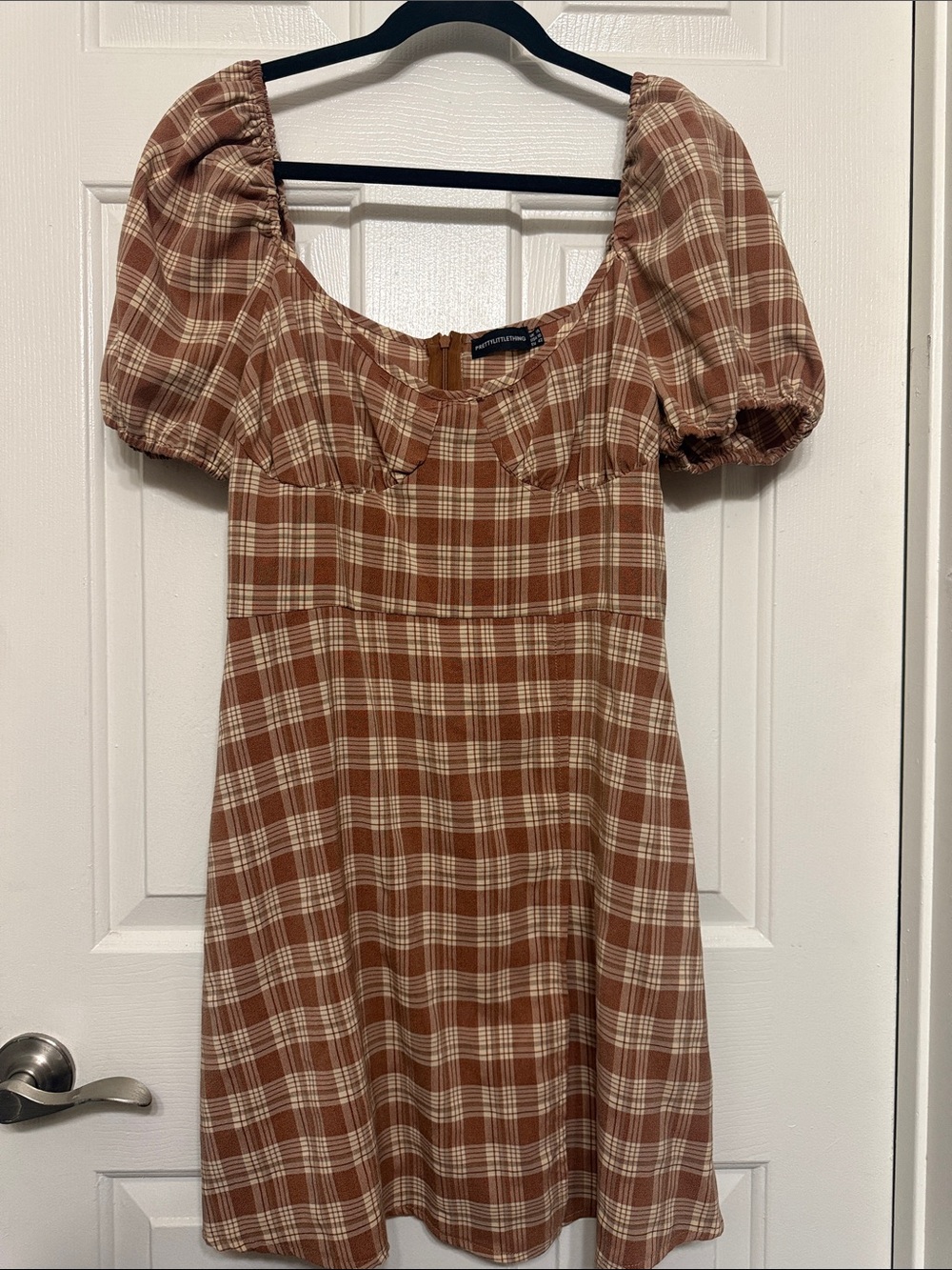 PrettyLittleThing Rust Plaid Puff Sleeve Mini Dress